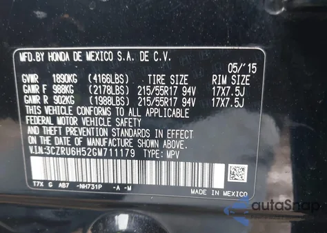 2016 Honda Hr-V Ex from USA, damaged, VIN 3CZRU6H52GM711179